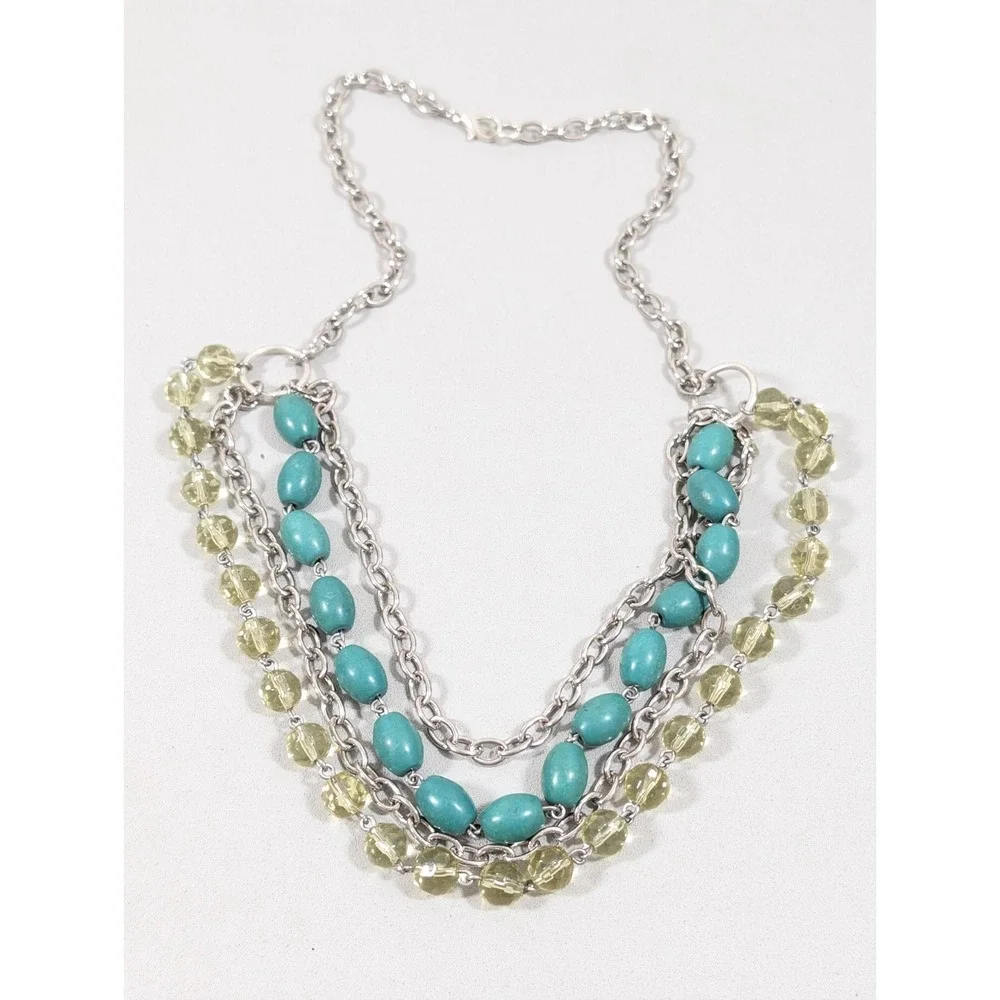 Beachy Coastal Green‎ Glass Stone Bead Layer Silver Tone Chain Necklace 19 in